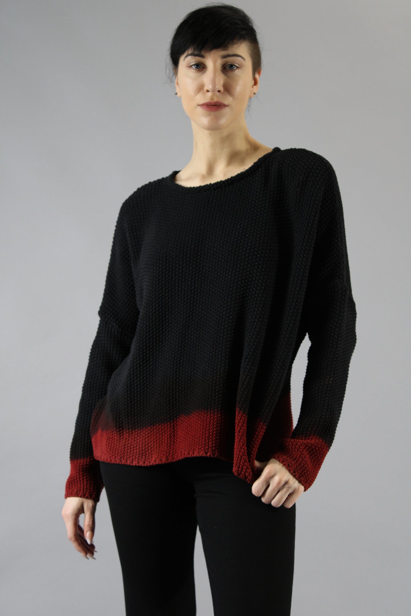 Shaker  Crop Sweater Red Hem