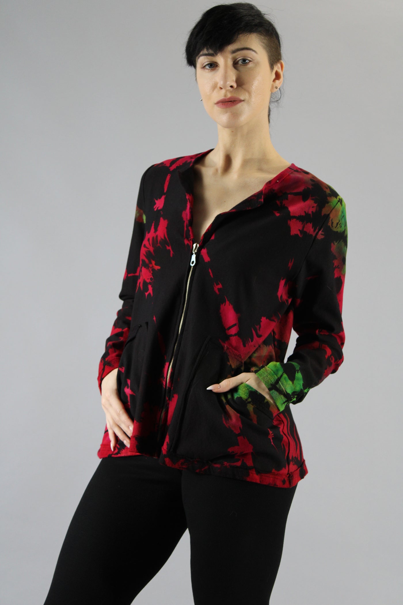 Fleece V Neck Cardigan Spiral Red